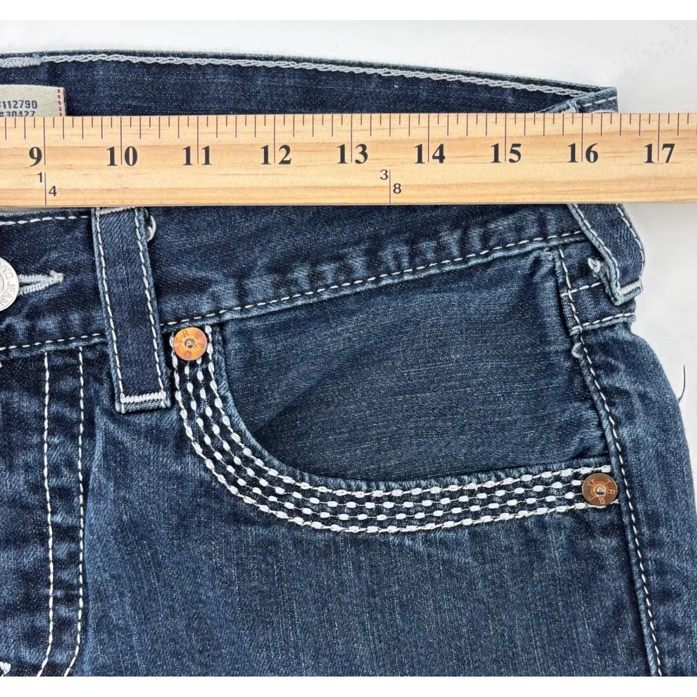 True Religion Slim Fit Straight Leg Jeans Men's 32x27 Blue Flap Pockets Raw Hem